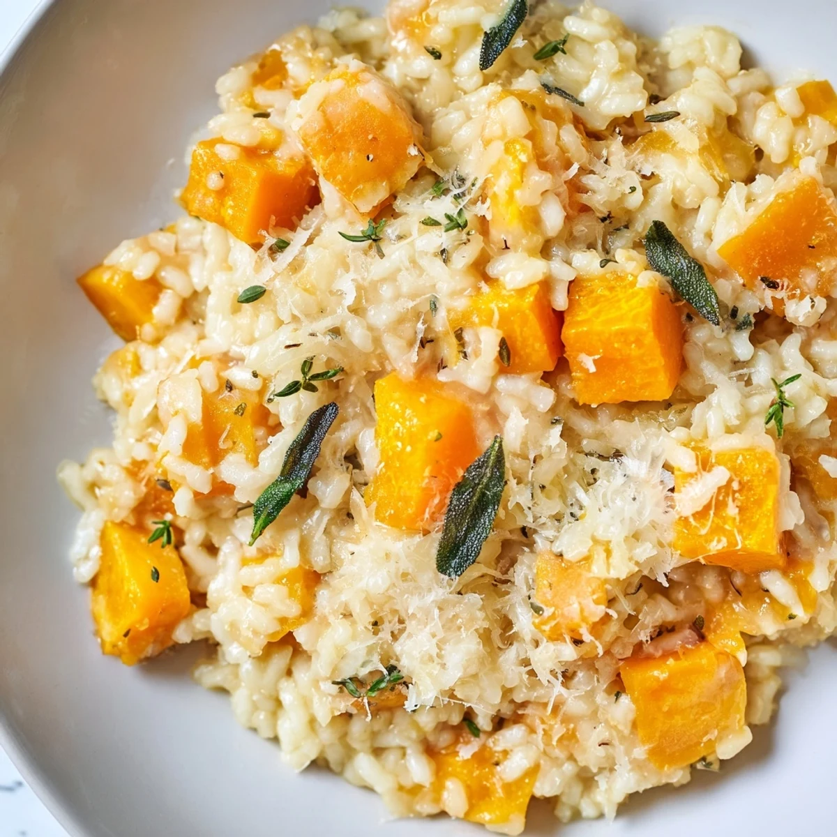Steaming Winter Squash Risotto with Sage and Parmesan topped with extra grated Parmesan, ready to be enjoyed with a glass of white wine on a chilly evening.
