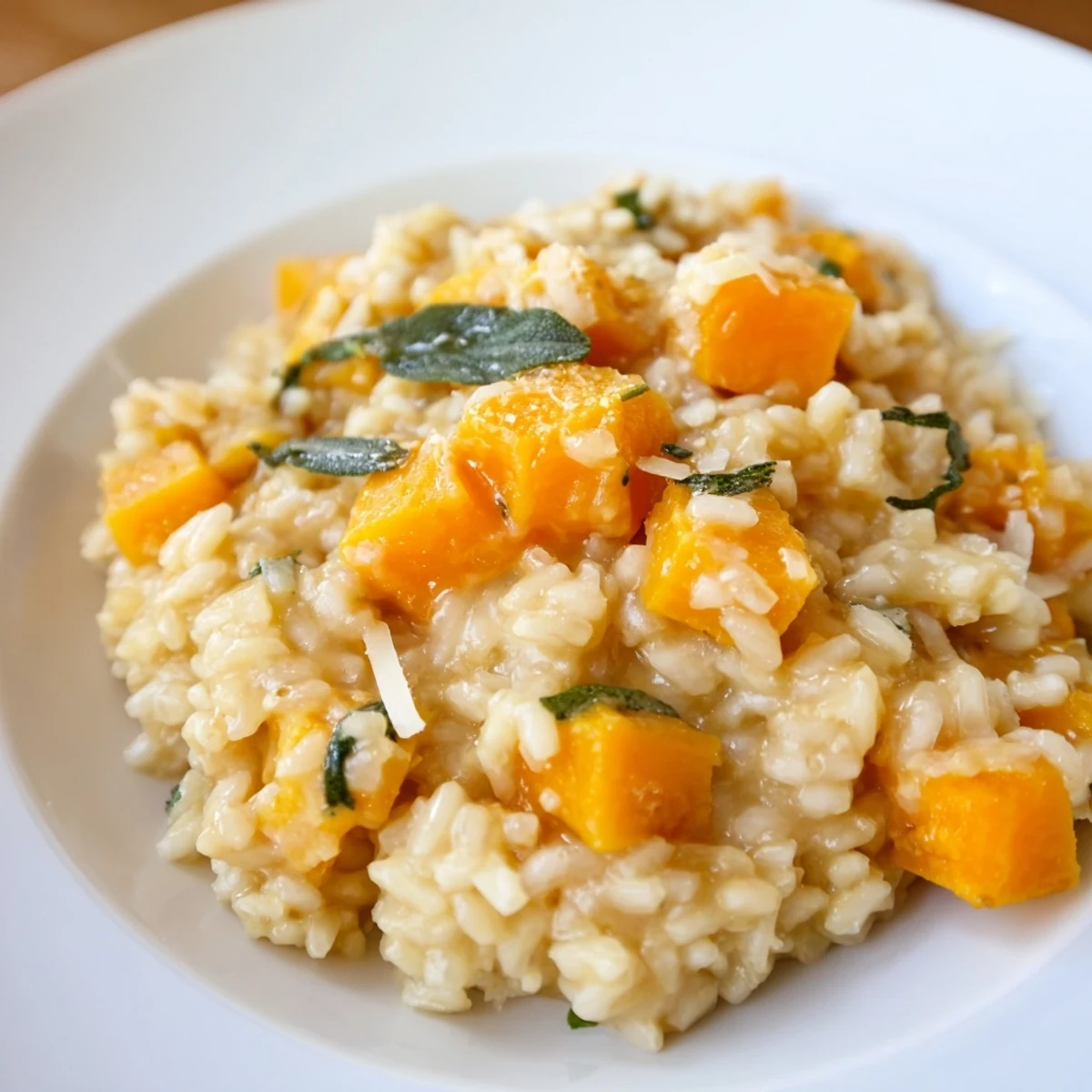 A comforting bowl of Winter Squash Risotto with Sage and Parmesan, featuring tender squash pieces and a creamy, cheesy texture perfect for a cozy dinner.