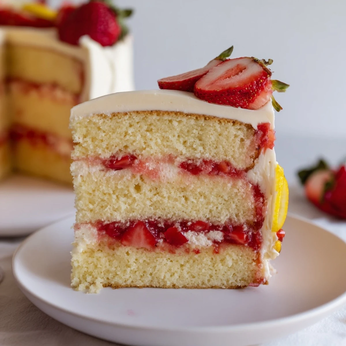 A beautiful slice of Strawberry Lemonade Layer Cake shows creamy lemon frosting and a vibrant berry filling between tender layers.