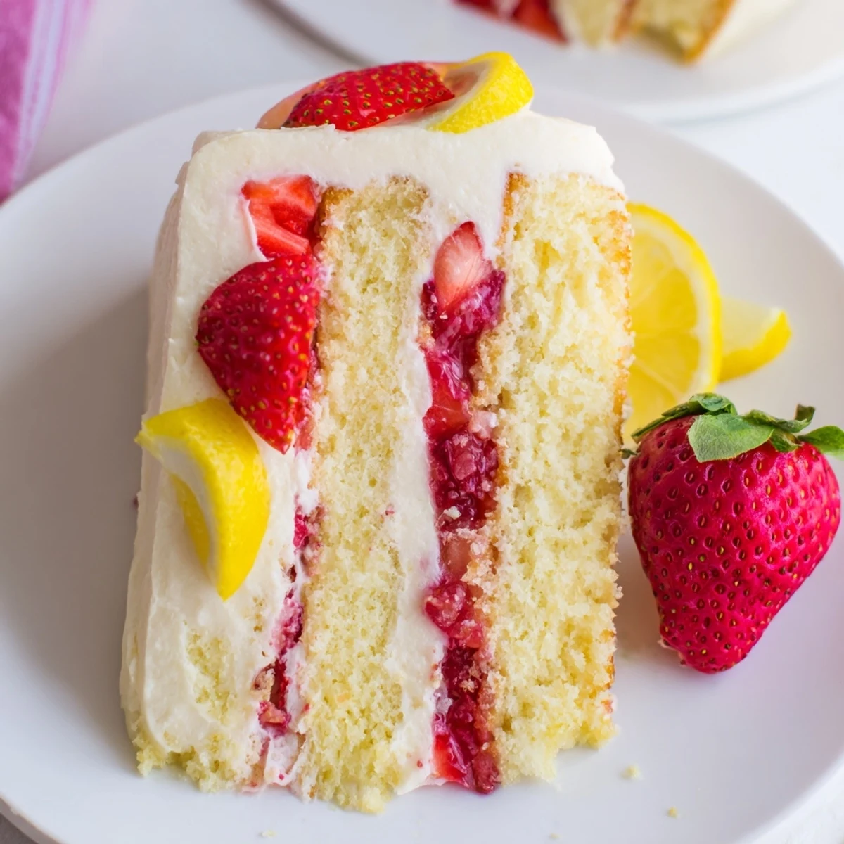 Strawberry Lemonade Layer Cake is displayed with fresh strawberries and lemon slices on a white plate for a summer party.