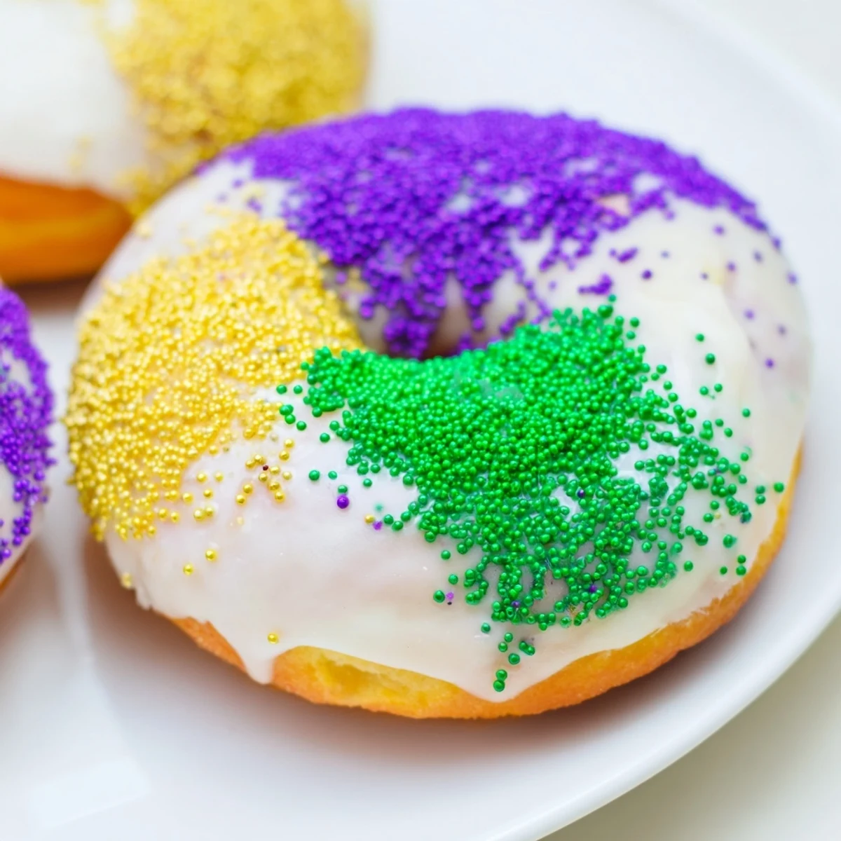 A close-up of Mardi Gras King Cake Donuts, showing golden-brown rings with a thick white glaze and vibrant purple, green, and gold sugars.