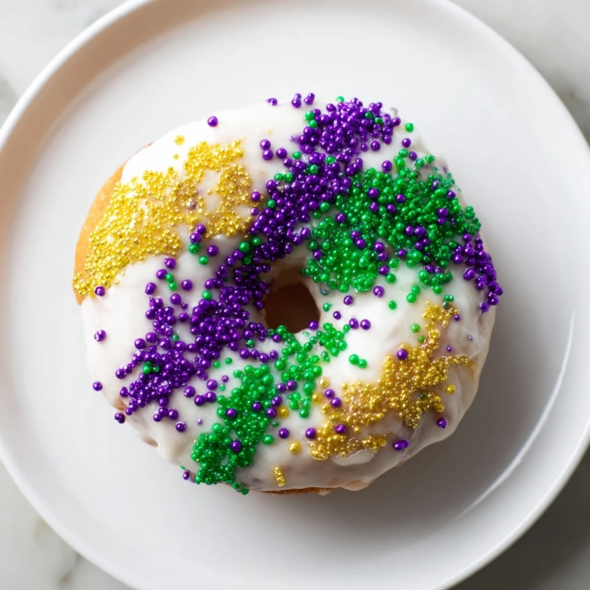 A stack of baked Mardi Gras King Cake Donuts, slightly warm with glaze drizzling down the sides, ready for a festive New Orleans celebration.