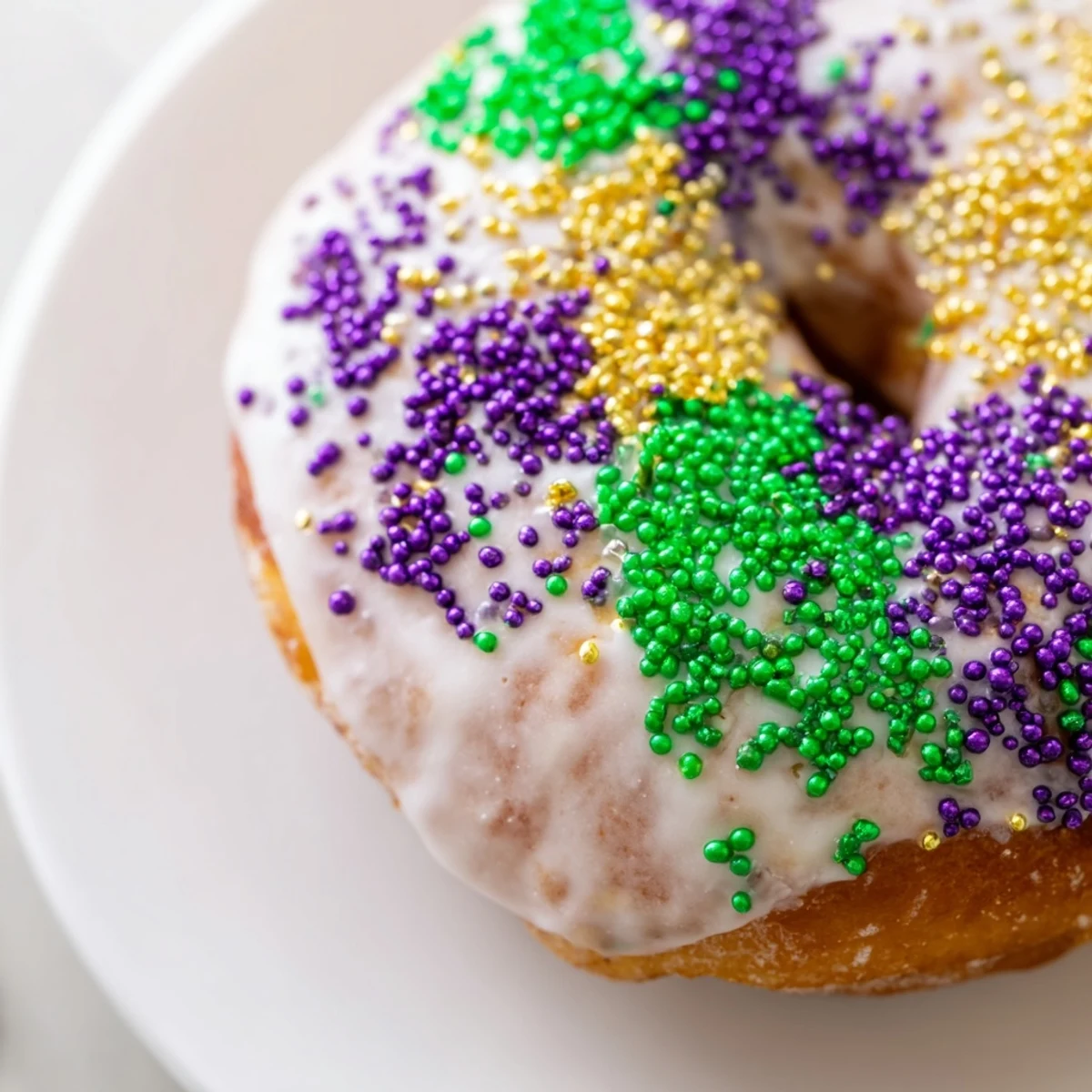 These Mardi Gras King Cake Donuts are arranged on a wooden board, sprinkled with colorful sugars, perfect for serving with a cup of chicory coffee.