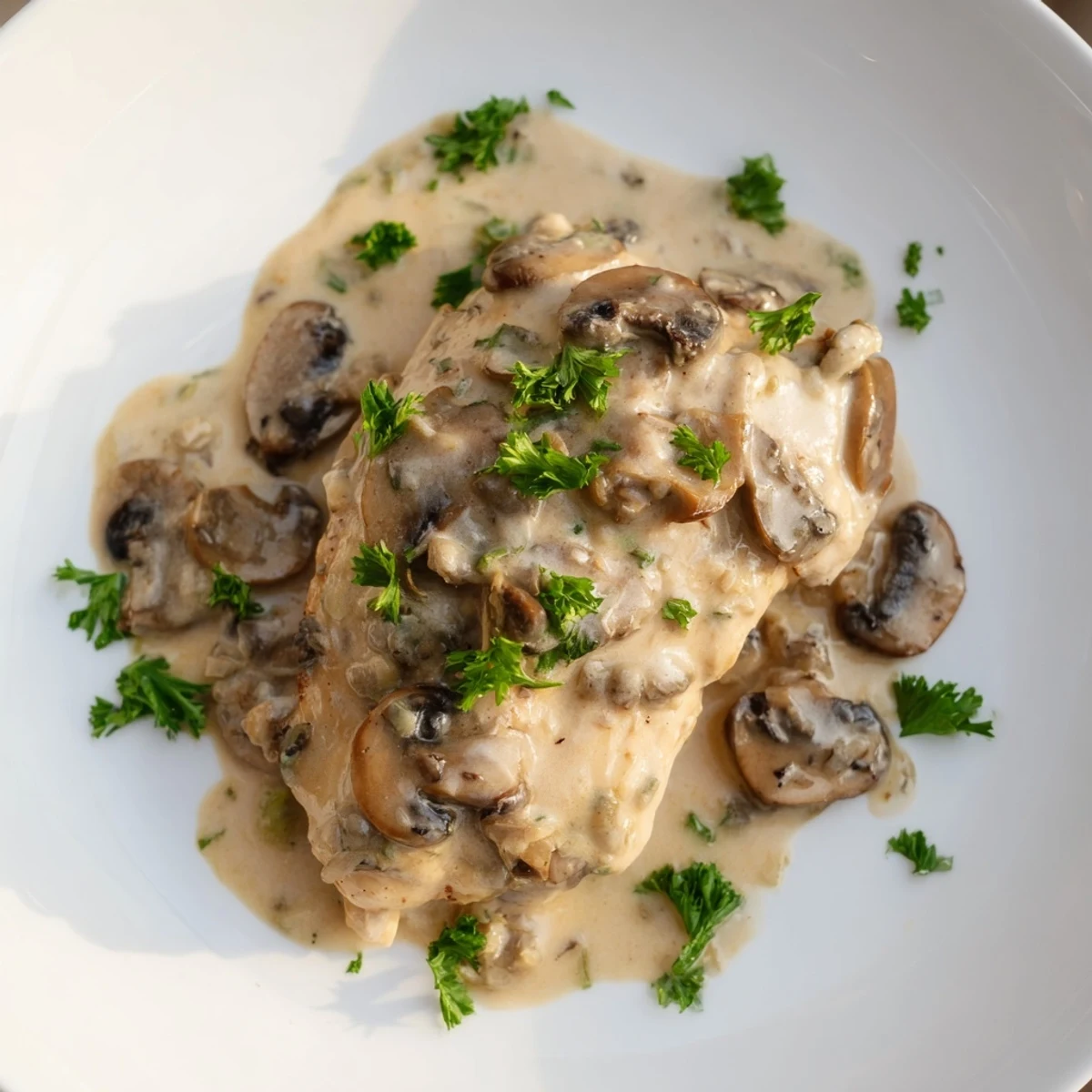 Golden-brown chicken breasts simmering in a creamy garlic mushroom sauce, garnished with fresh parsley.