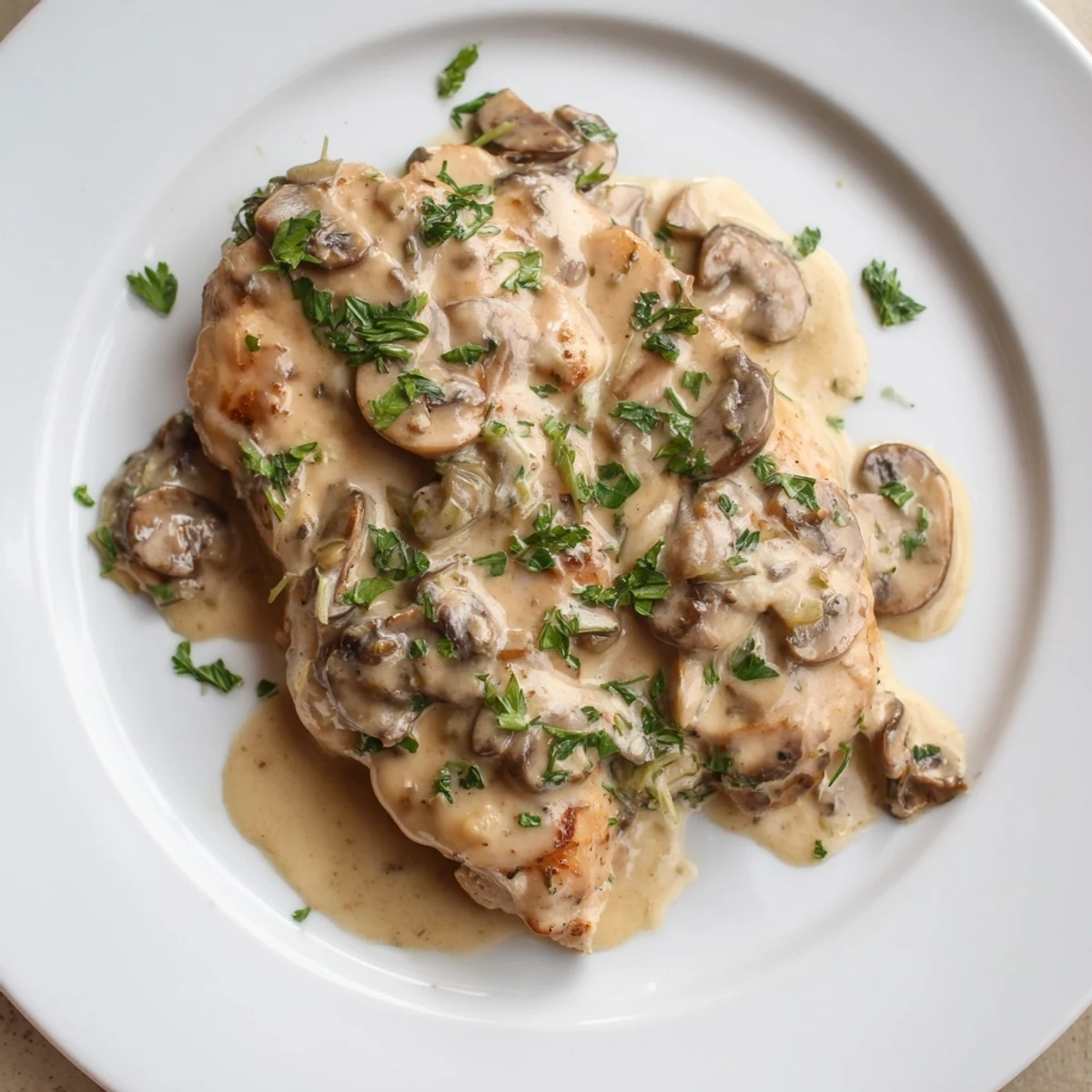Succulent Creamy Garlic Mushroom Chicken served in a skillet, ready for a comforting family meal.