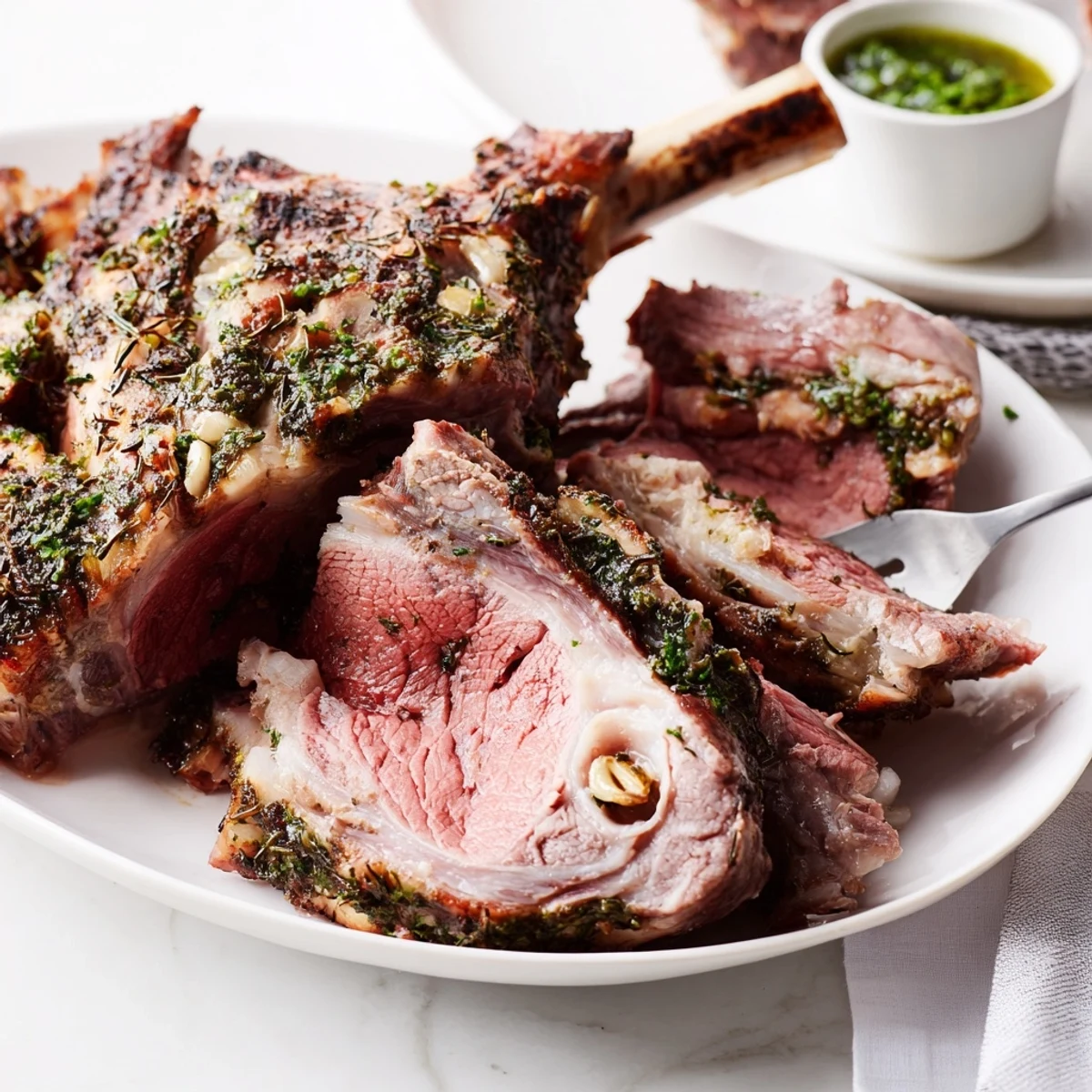 Roasted Leg of Lamb with Mint Sauce is carved into slices next to a small bowl of vibrant green sauce and roasted potatoes.  