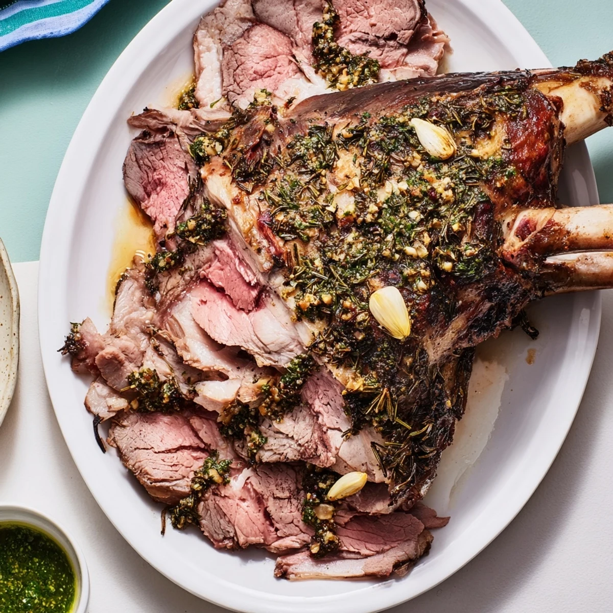 Juicy slices of Roasted Leg of Lamb with Mint Sauce served on a white plate, ready to be enjoyed at a family gathering.