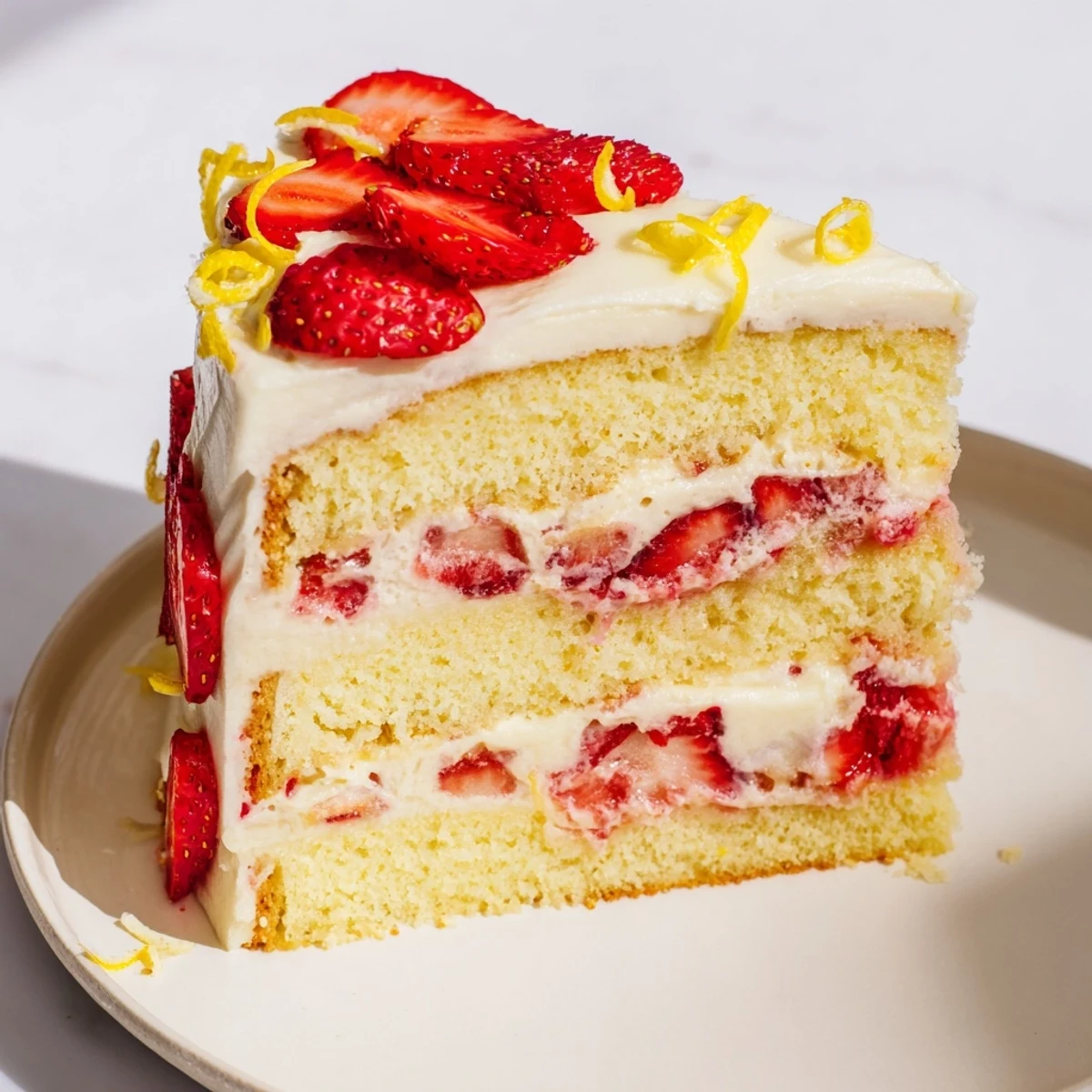 A vibrant slice of Strawberry Lemonade Layer Cake with Buttercream, revealing fluffy lemon sponge and fresh strawberry filling.
