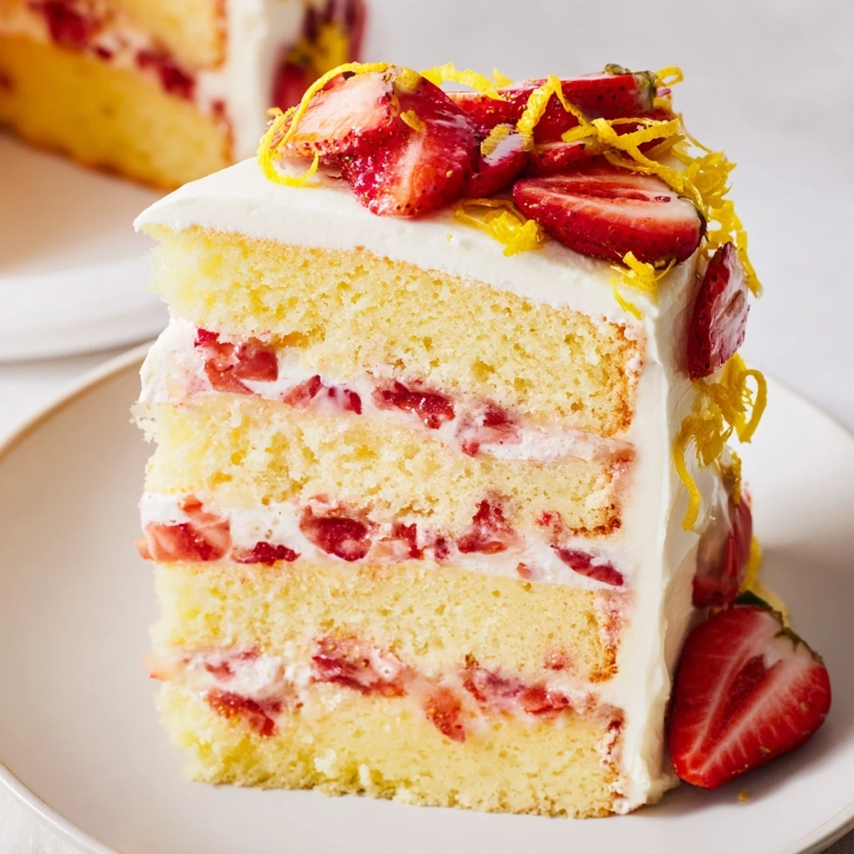 A close-up of Strawberry Lemonade Layer Cake with Buttercream, showing moist lemon sponge and sweet strawberry filling between layers.