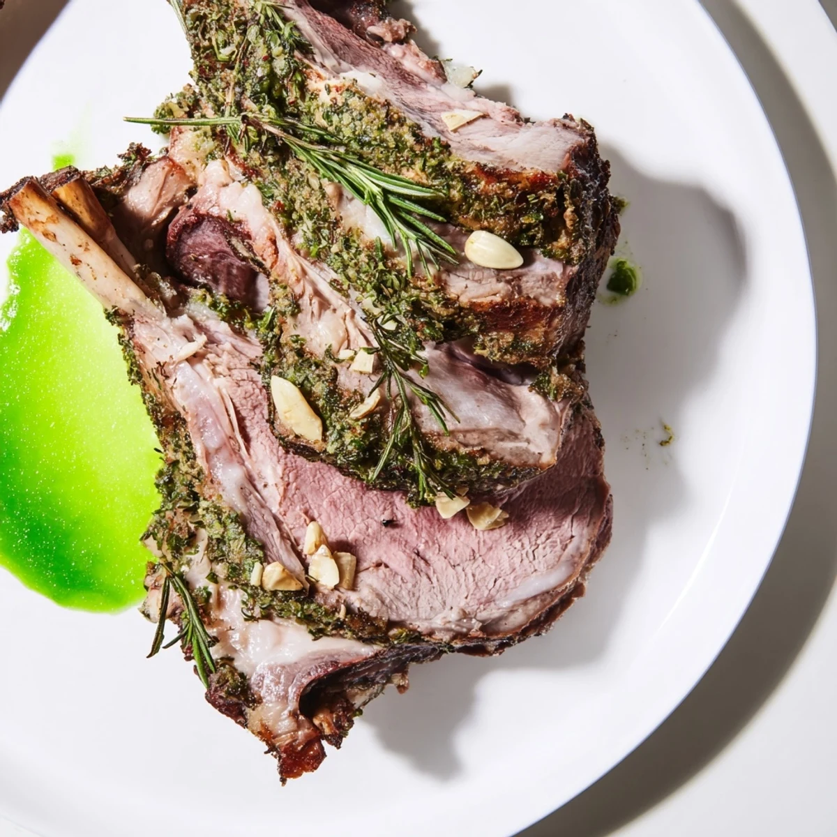 Roasted leg of lamb with mint jelly sliced on a rustic board with rosemary and thyme, ready for a festive dinner.