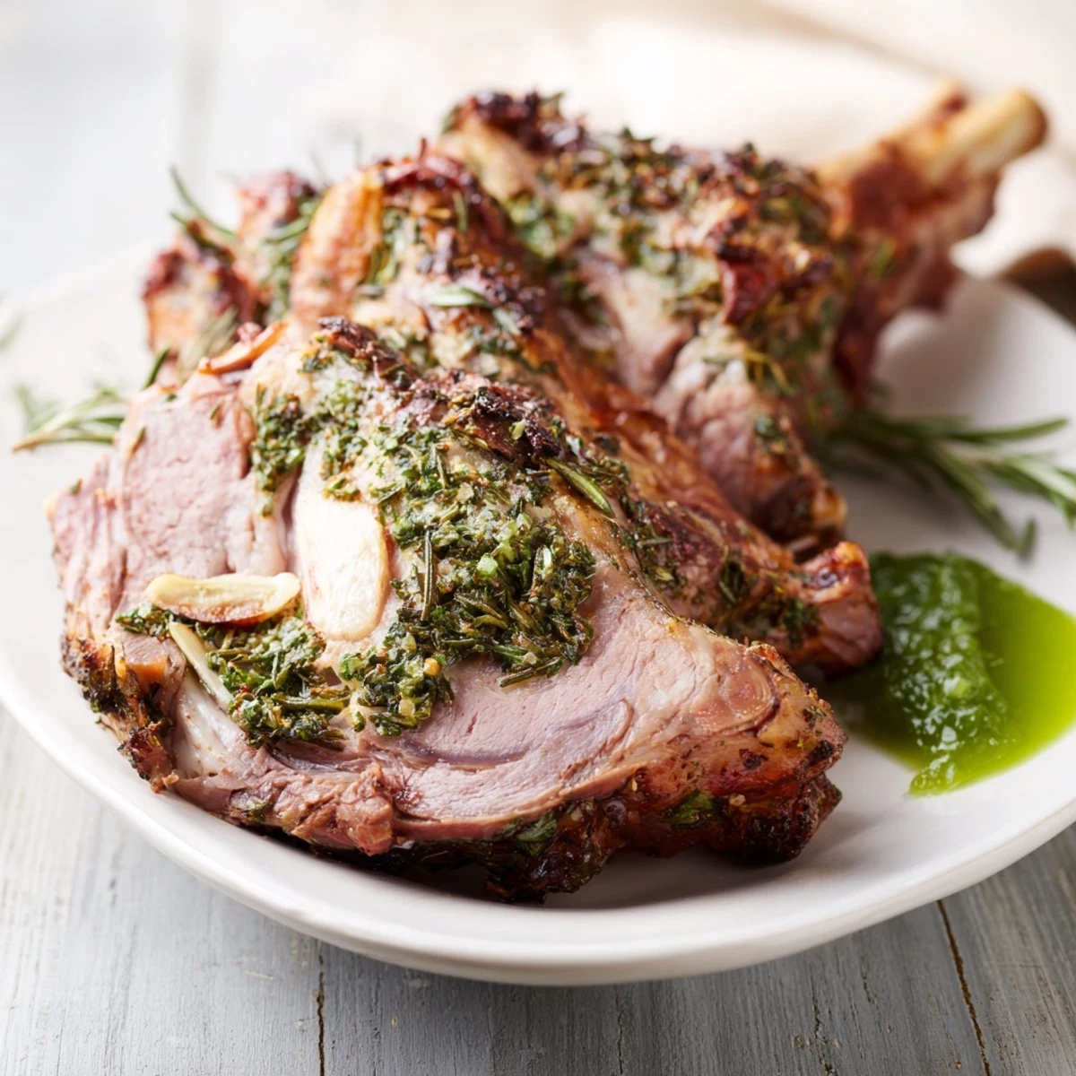 A close-up of juicy roasted leg of lamb with mint jelly, highlighting herb crust and tender pink meat on a serving dish.