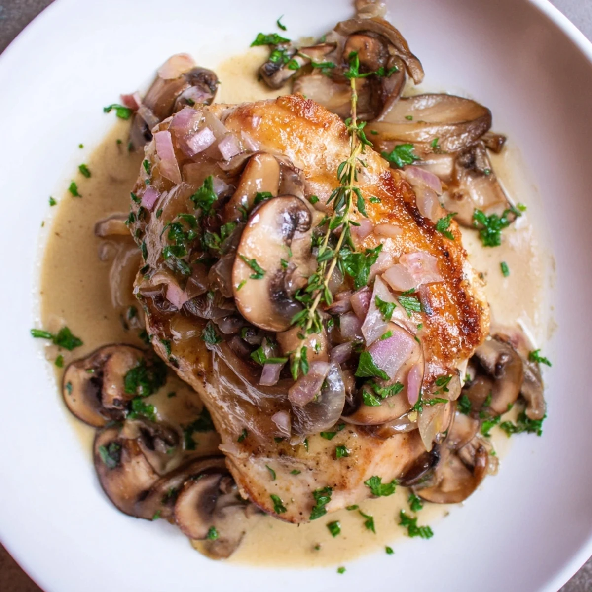 Golden seared chicken breasts nestled in a creamy garlic mushroom sauce with fresh herbs, ready to serve.