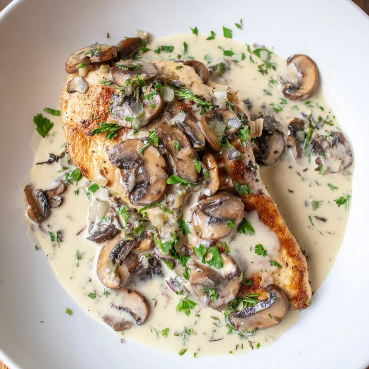 Close up of tender Creamy Garlic Mushroom Chicken with Herbs, garnished with parsley and rich mushroom slices.