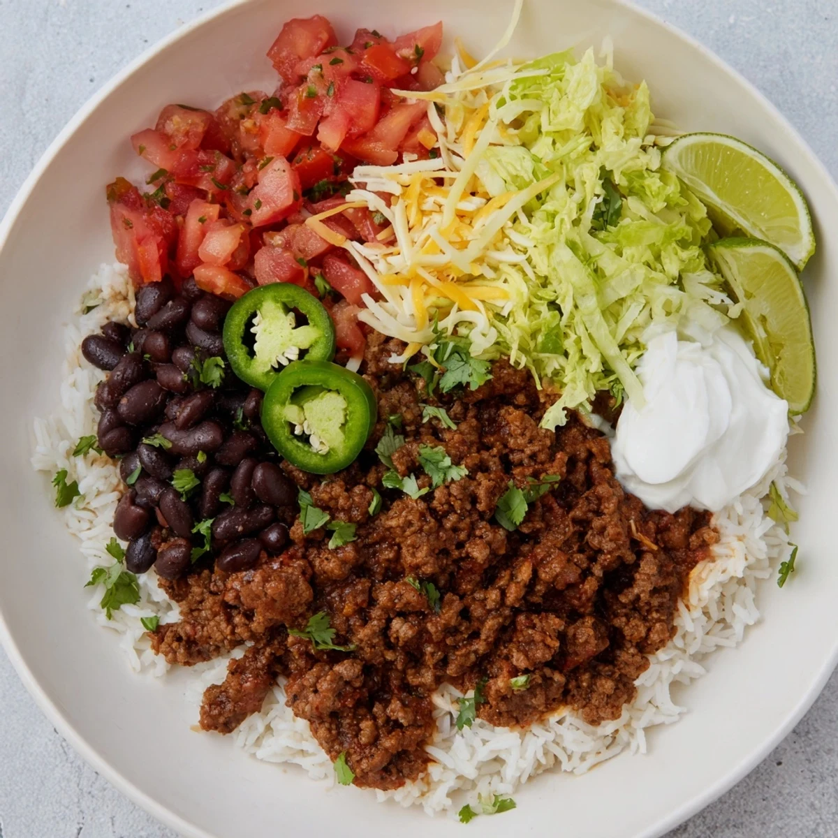 Vibrant beef burrito bowl served in a rustic bowl with lime wedges and diced tomatoes, perfect for a gluten-free weeknight meal.