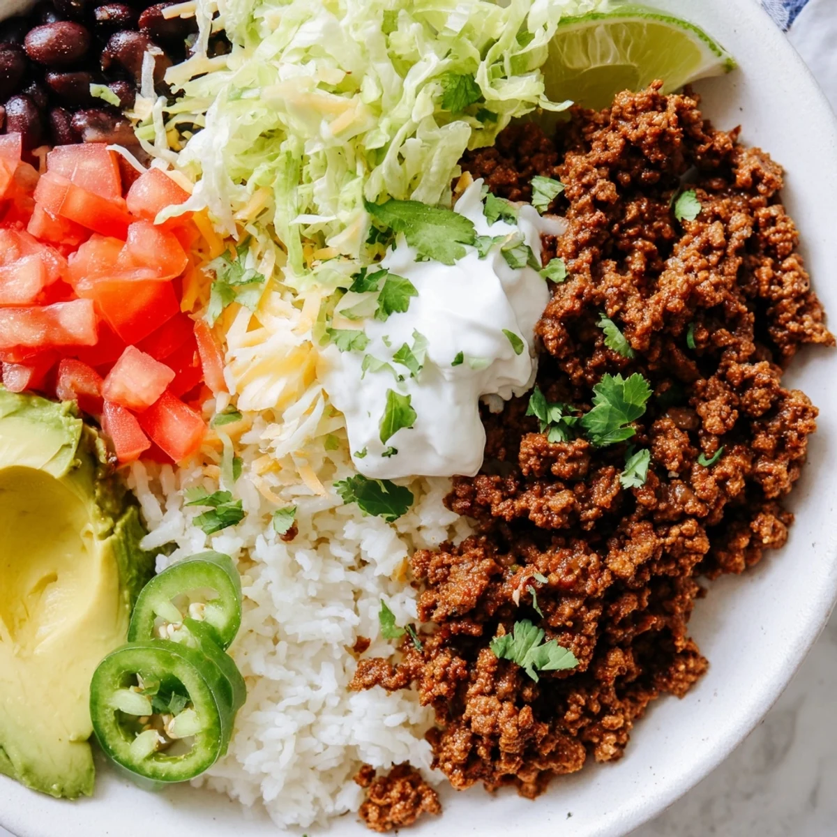Hearty beef burrito bowl features spiced beef, black beans, and rice, garnished with shredded lettuce, cheese, and a dollop of sour cream.