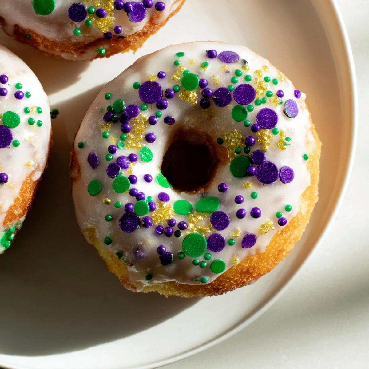 Freshly baked Mardi Gras King Cake Donuts with sprinkles glimmering on a wire rack after a sweet vanilla glaze.