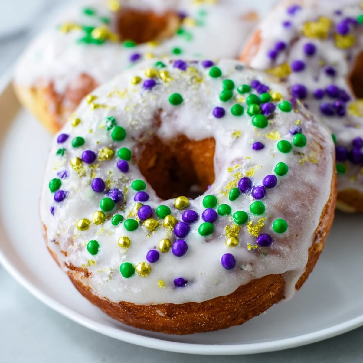 A close-up of Mardi Gras King Cake Donuts topped with purple, green, and gold sprinkles beside a festive cup of coffee.