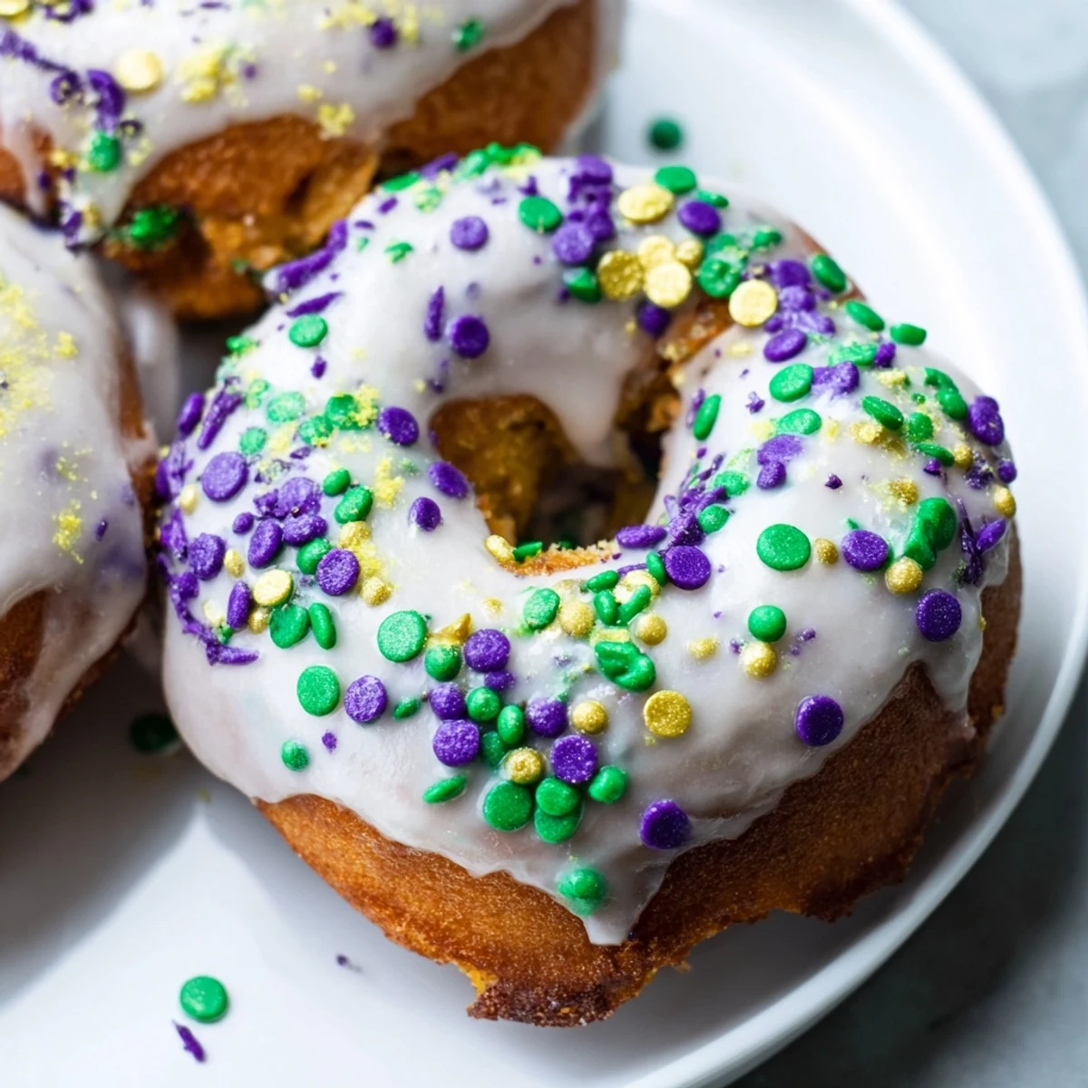 Soft, baked Mardi Gras King Cake Donuts with a cinnamon sugar swirl, served on a colorful Carnival season plate.