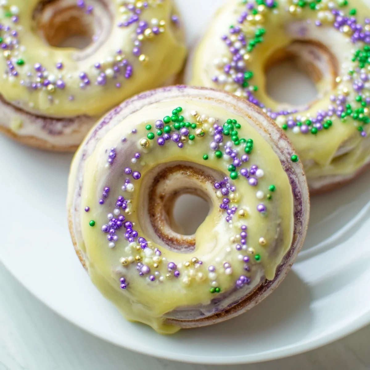 Golden-brown Mardi Gras King Cake Donuts with Sprinkles rest on a wire rack, showcasing a glossy glaze and colorful toppings.