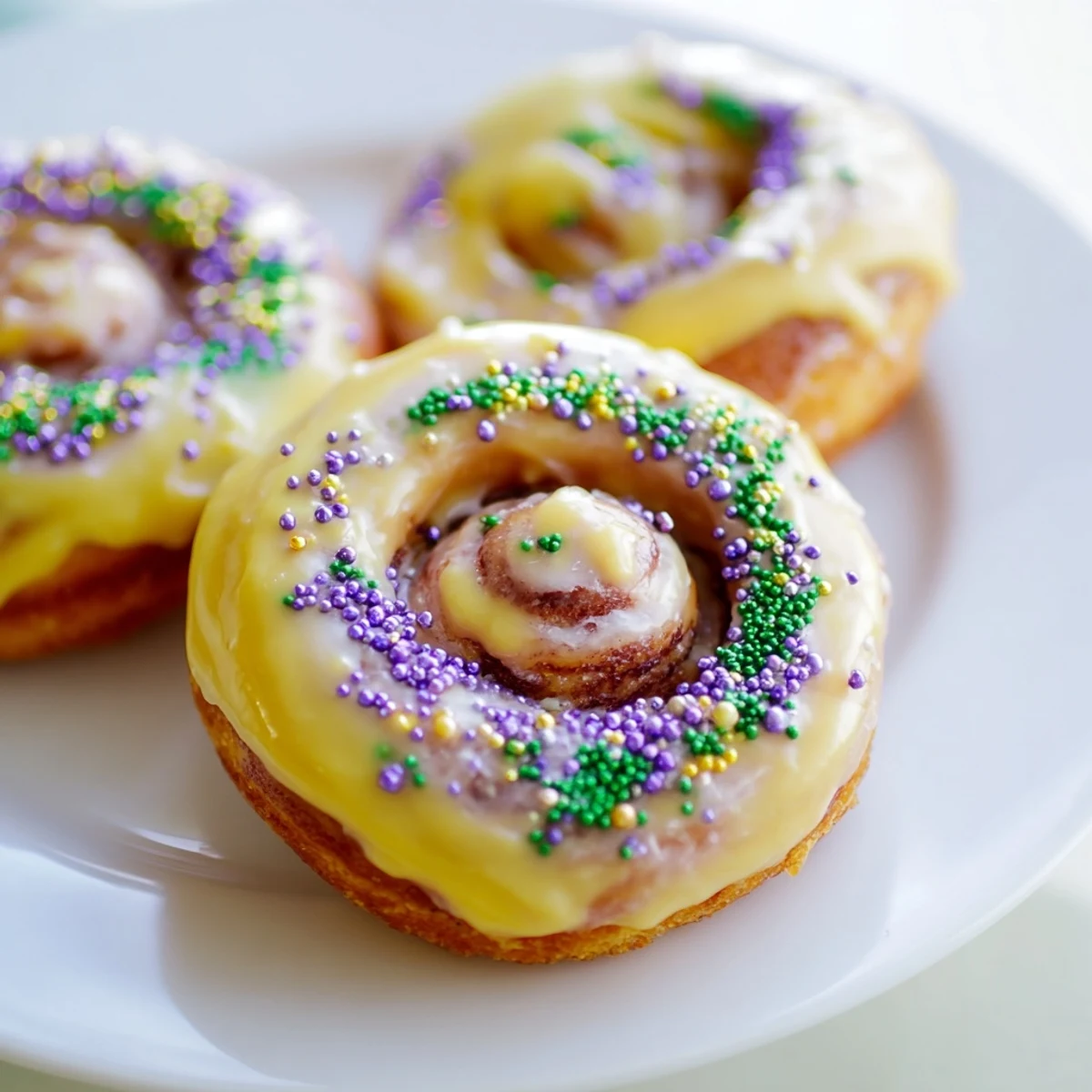 Freshly baked Mardi Gras King Cake Donuts with Sprinkles are arranged on a festive plate, ready to be served for a celebration.