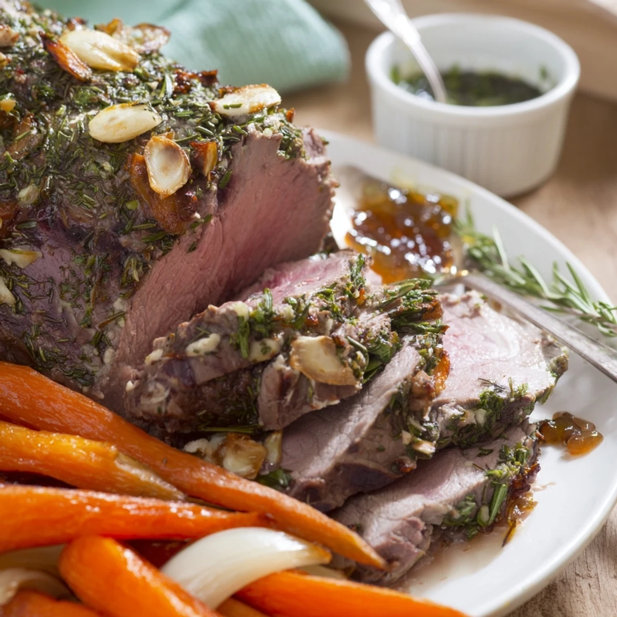Roasted Leg of Lamb with Mint Jelly sits on a platter with herb crust, rosemary sprigs, and glossy jelly spooned nearby.