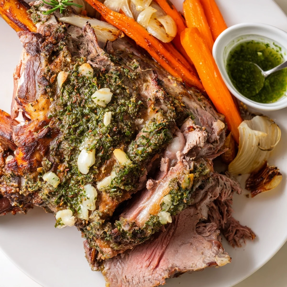 A thick slice of Roasted Leg of Lamb with Mint Jelly reveals juicy pink meat next to carrots and onions.