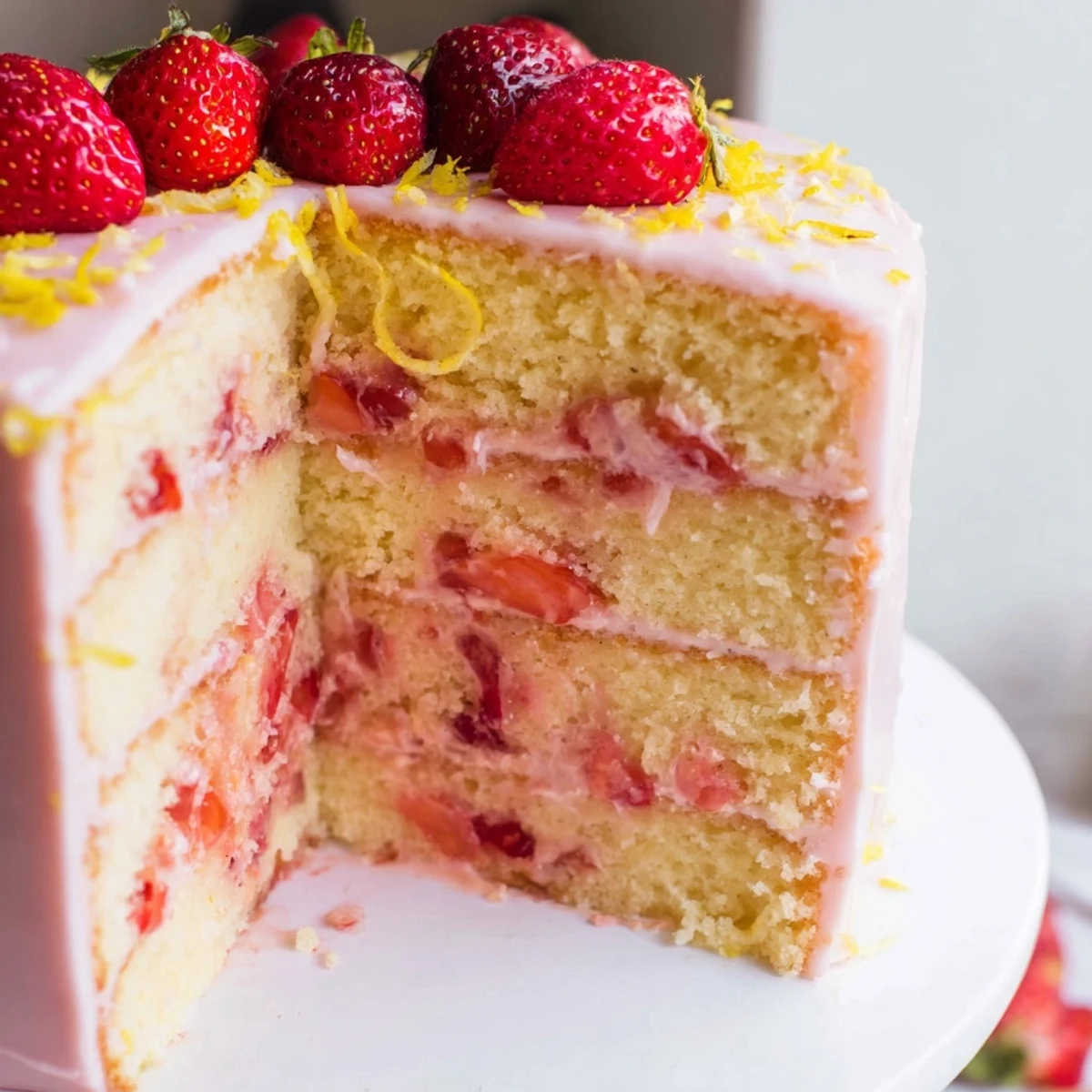 A slice of Strawberry Lemonade Layer Cake with Buttercream shows golden layers, pink filling, and fluffy white frosting on a plate.
