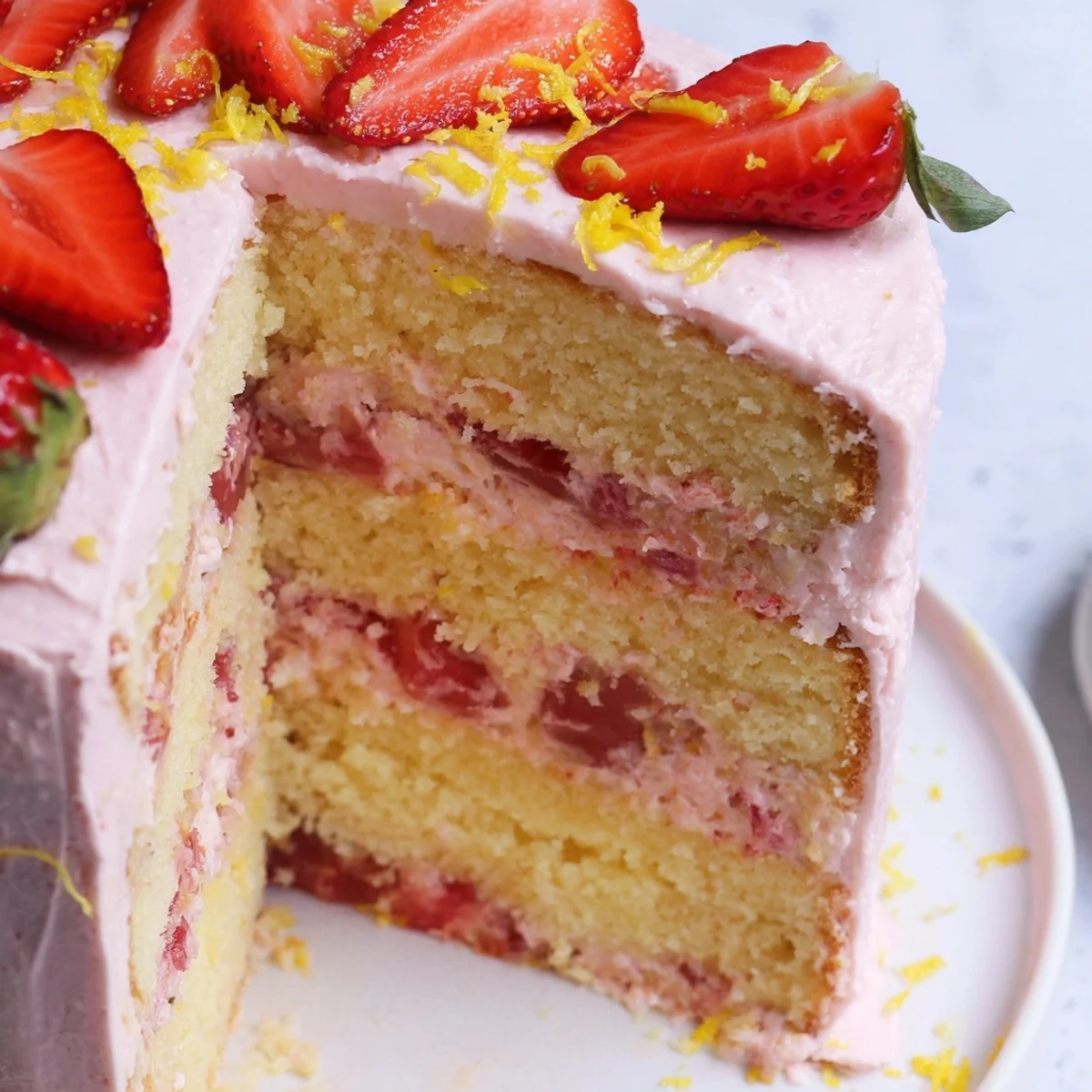 Moist Strawberry Lemonade Layer Cake with Buttercream features three tender lemon layers, vibrant strawberry filling, and silky buttercream frosting.