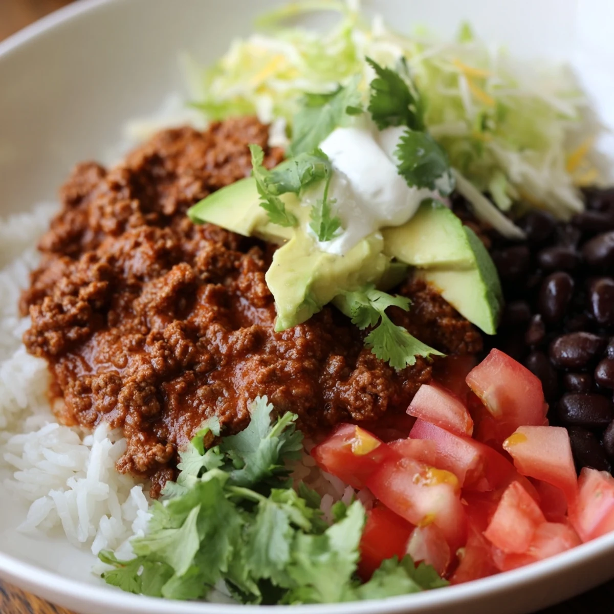 Deconstructed beef burrito bowls with seasoned ground beef, cilantro lime rice, and creamy avocado slices.