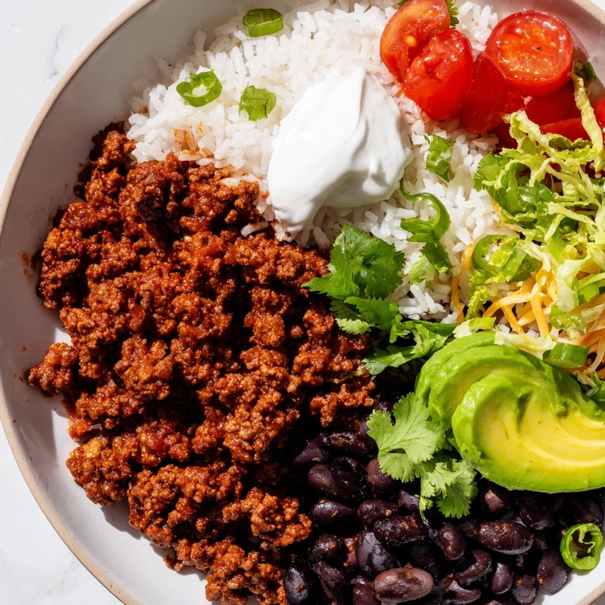 Fork-ready beef burrito bowls layered with fluffy rice, black beans, and fresh shredded lettuce toppings.