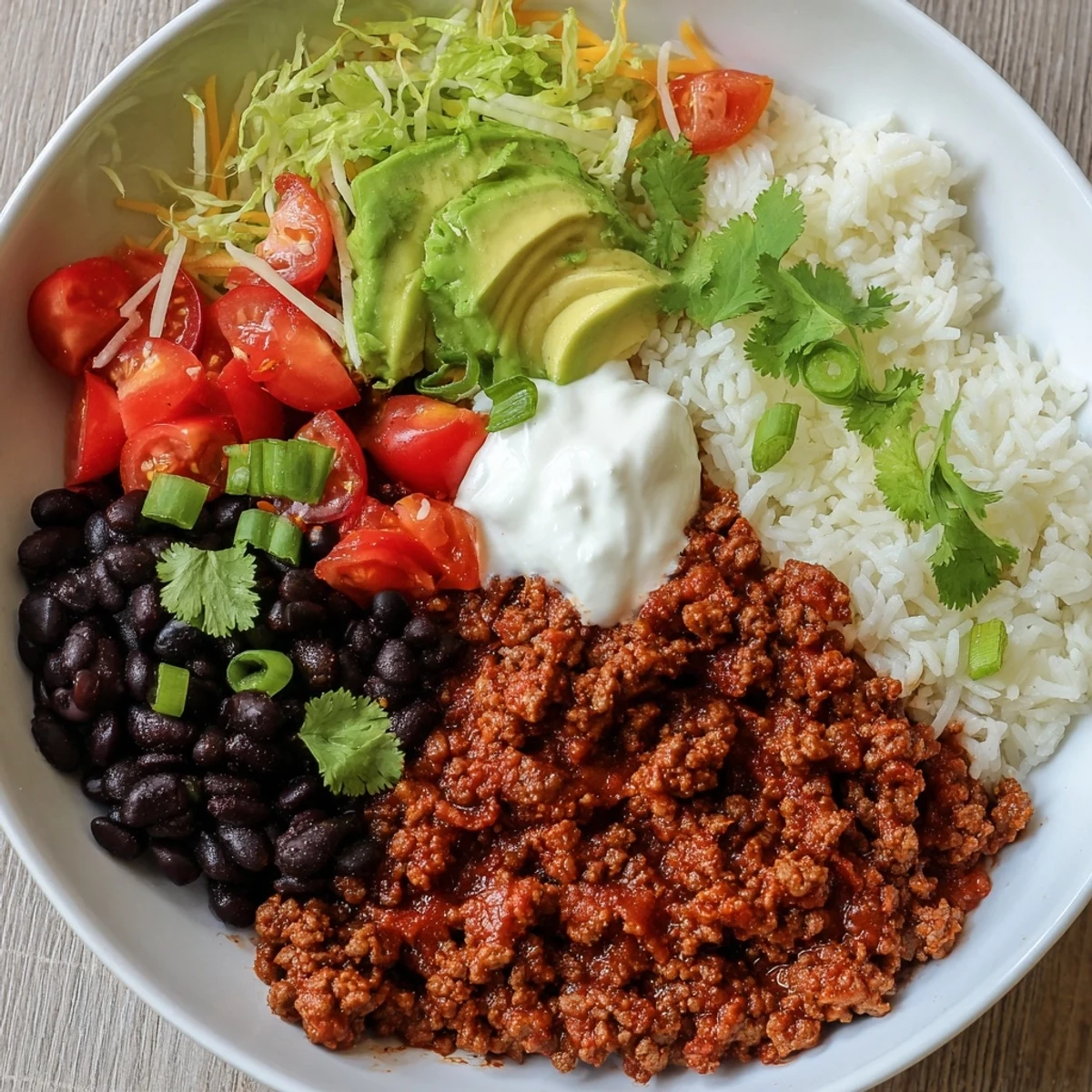 Family-style beef burrito bowls featuring warm seasoned beef, melted cheese, sour cream, and zesty lime wedges.