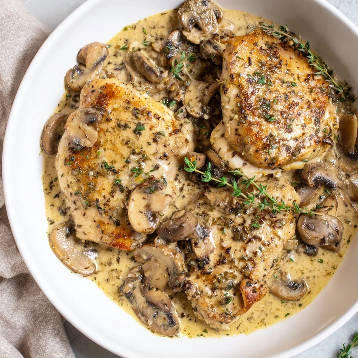 Golden-brown chicken breasts simmered in creamy garlic herb sauce with sautéed mushrooms on a white plate.