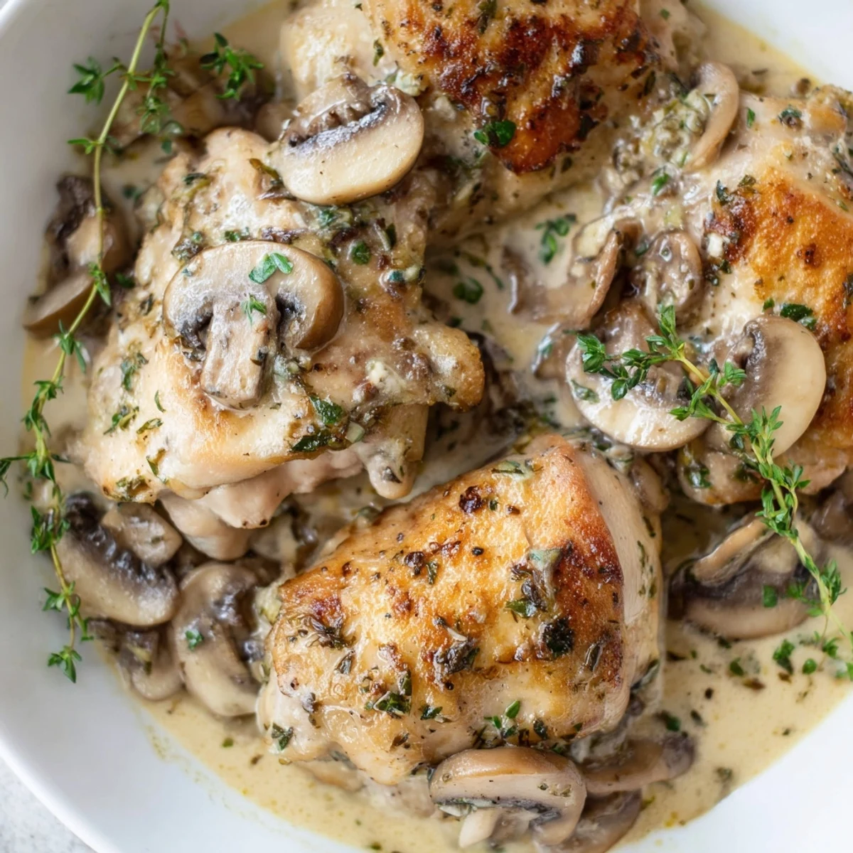 Close-up view of creamy garlic mushroom chicken in a skillet, steam rising from the rich sauce.