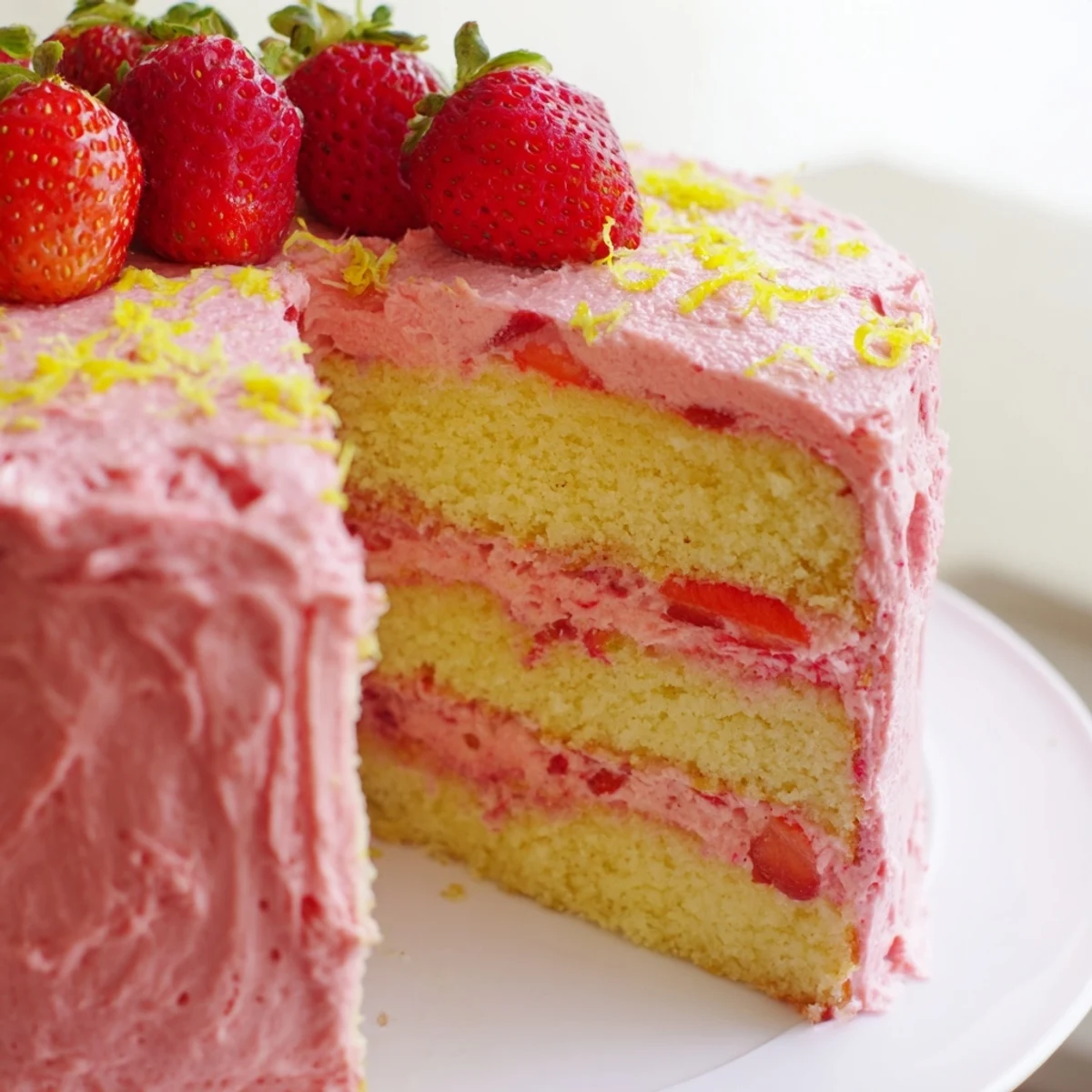 Close-up of a moist Strawberry Lemonade Layer Cake slice with bright pink strawberry buttercream, fluffy lemon sponge, and fresh strawberry garnish on a white plate.