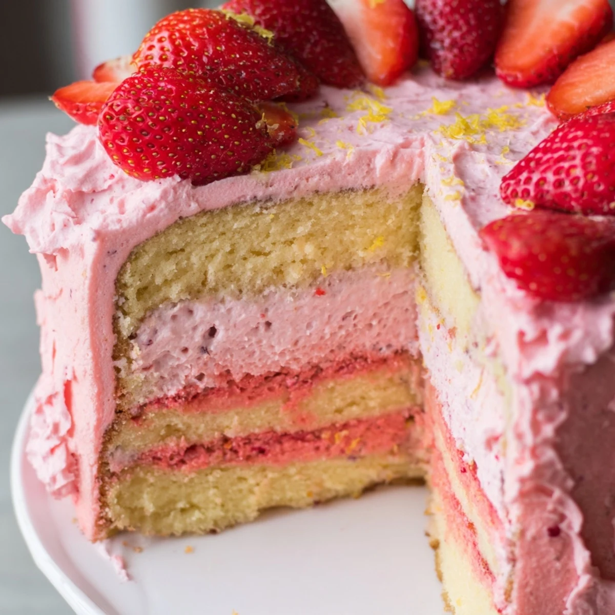 A beautifully decorated Strawberry Lemonade Layer Cake showing layers of tangy lemon cake and sweet strawberry frosting, topped with lemon zest and berries.