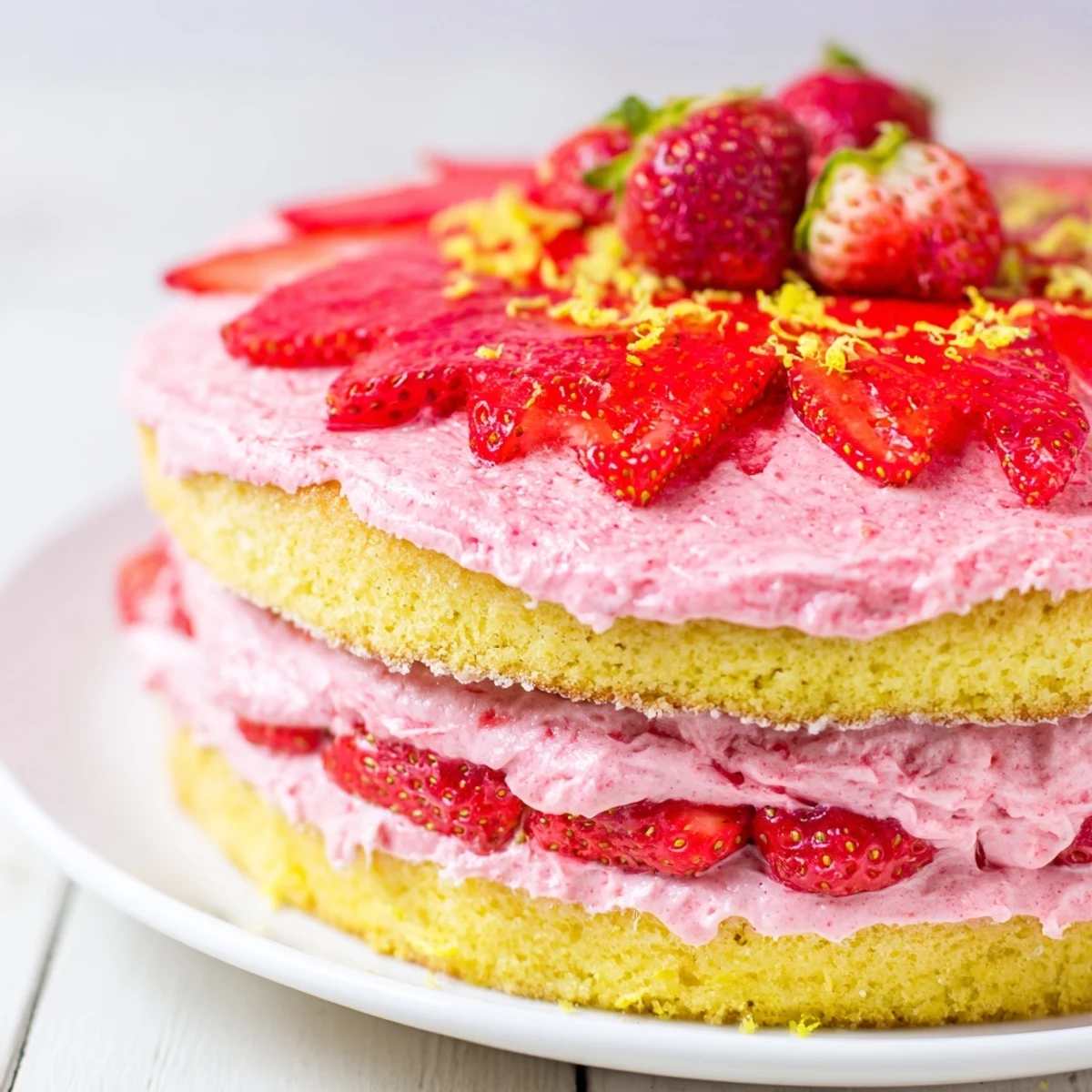 Overhead view of a sliced Strawberry Lemonade Layer Cake revealing moist interior layers and creamy strawberry buttercream, ready to serve at a summer gathering.