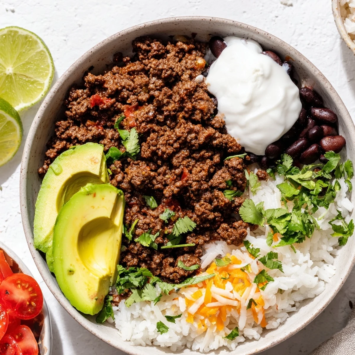 Seasoned ground beef and black beans over fluffy rice in Beef Burrito Bowls with fresh toppings.