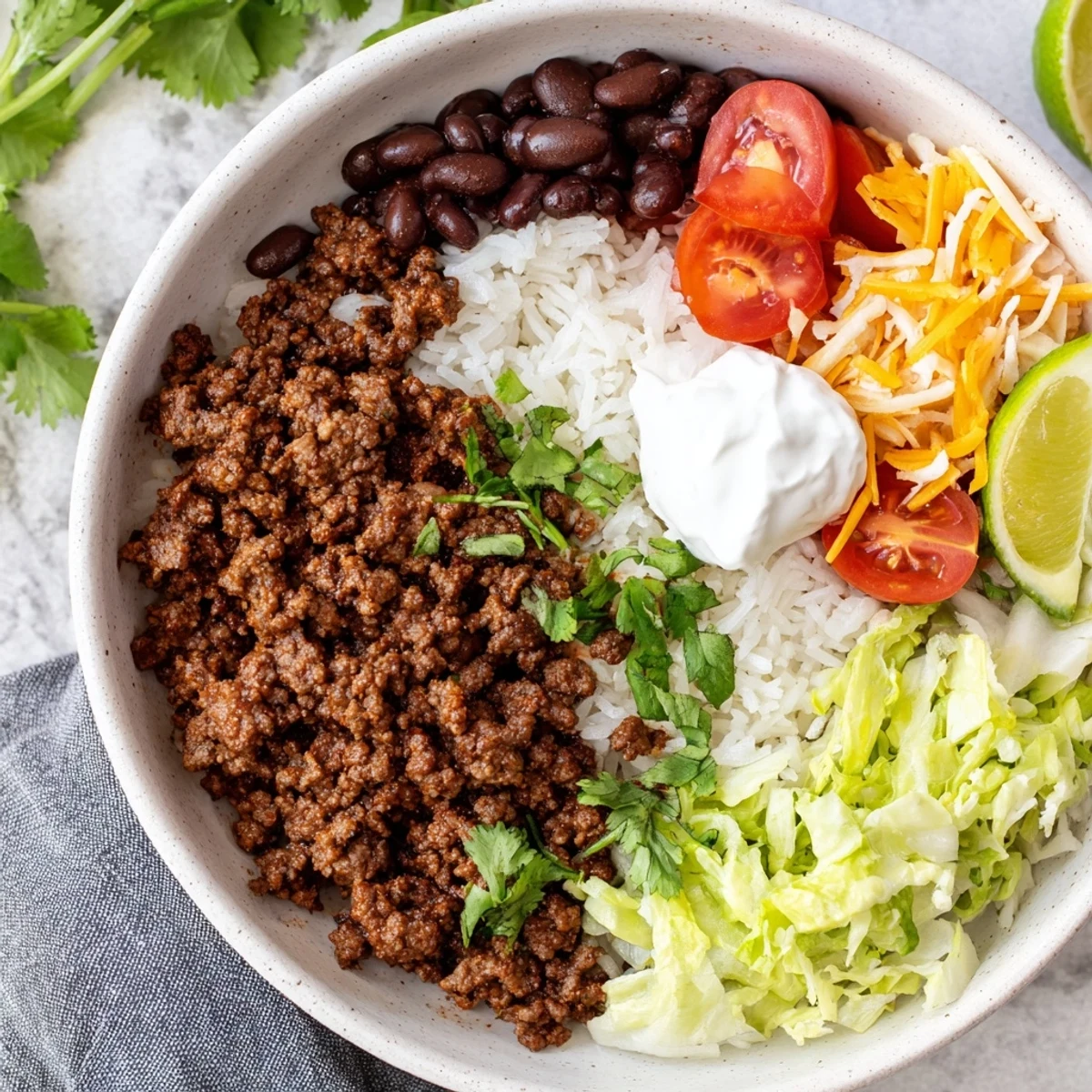 Close-up of Beef Burrito Bowls featuring juicy beef, cilantro-lime rice, and colorful Tex-Mex toppings for dinner.