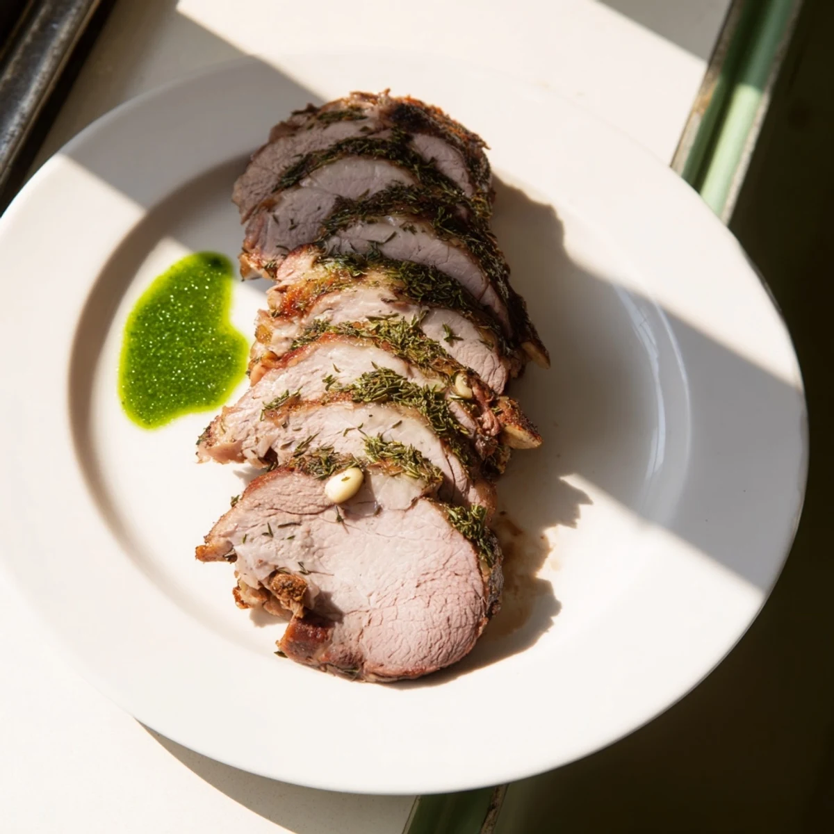 The roasted leg of lamb with mint sauce rests sliced on a platter garnished with fresh rosemary sprigs.