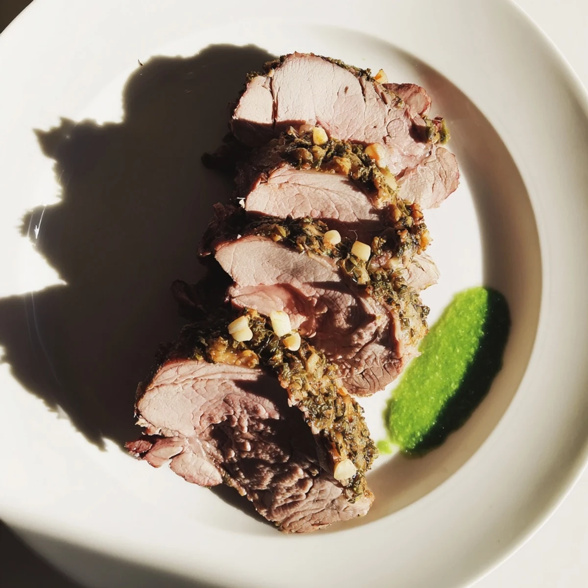 A beautifully browned roasted leg of lamb with mint sauce is sliced and served with fresh vegetables.