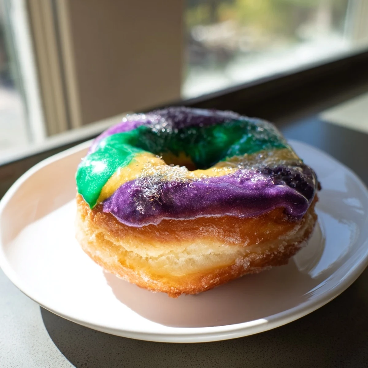 A close-up of Mardi Gras King Cake Donuts with purple, green, and gold icing, dusted with festive sugars and displayed on a wire rack.