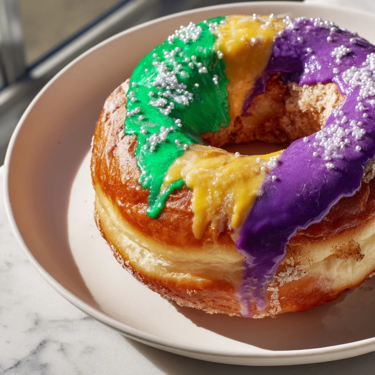 Stacked Mardi Gras King Cake Donuts show warm, pillowy texture and colorful icing, ready to serve at a carnival celebration party.