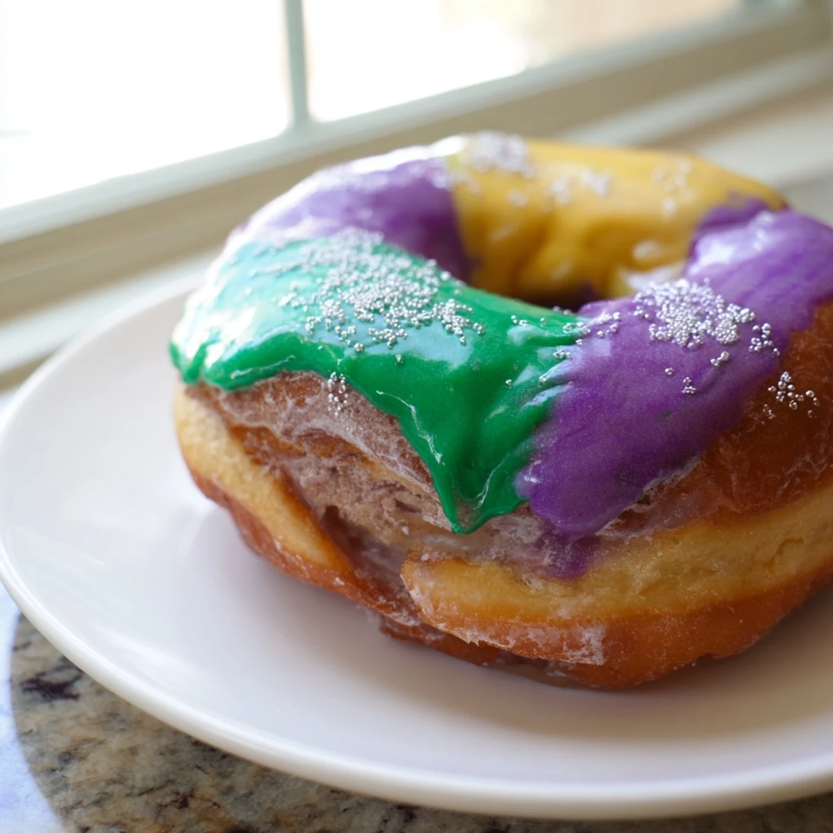 Mardi Gras King Cake Donuts are fried golden and glazed, with vibrant purple, green, and gold sugars for a festive New Orleans treat.