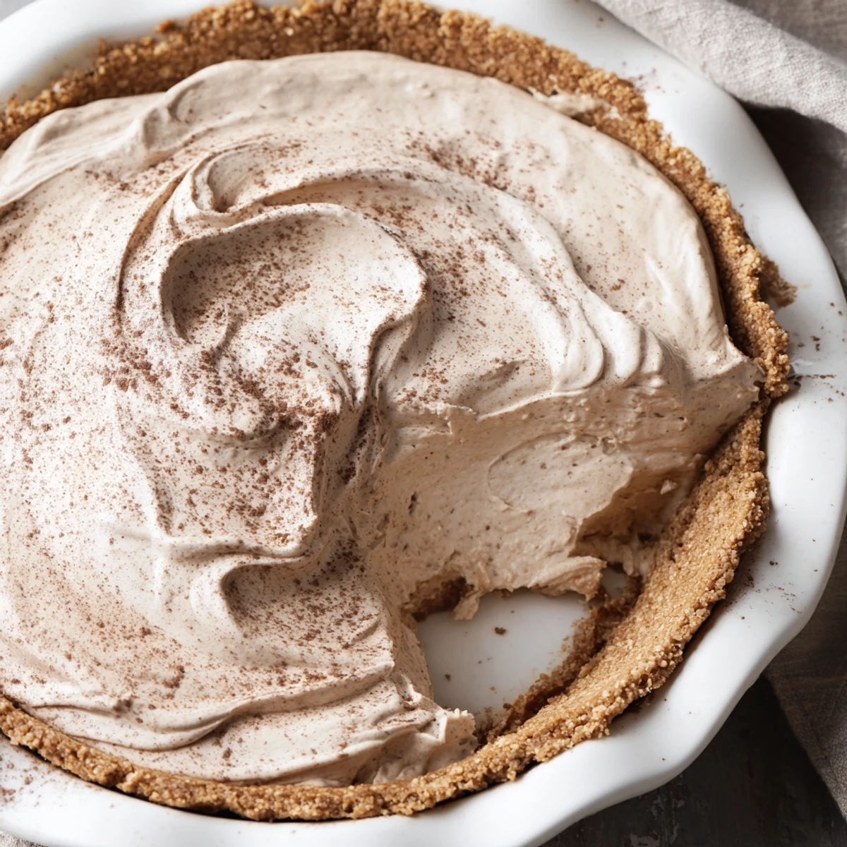 Overhead view of Keto Cold Brew Coffee Pie in a pie dish, topped with swirled whipped cream and cocoa powder.