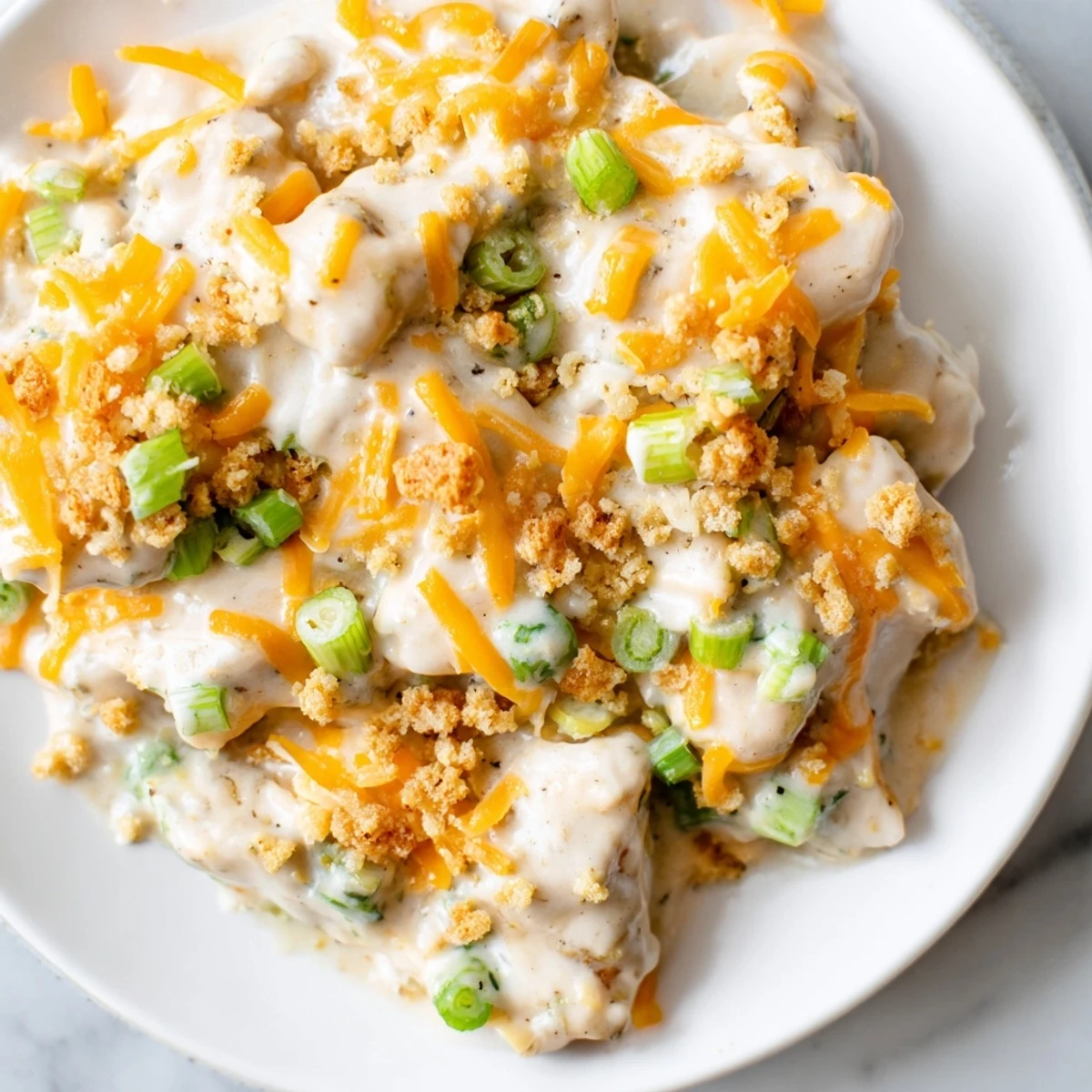 Creamy baked chicken breasts with melted cheddar, served with green onions and a gluten-free crumble topping.