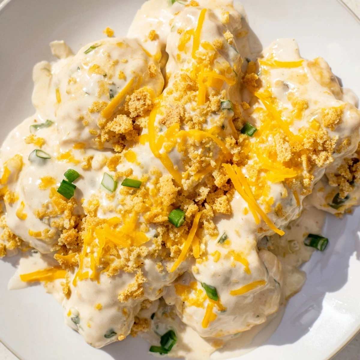 Comforting Sour Cream and Onion Chicken on a dinner plate, accompanied by steamed vegetables and fluffy white rice.