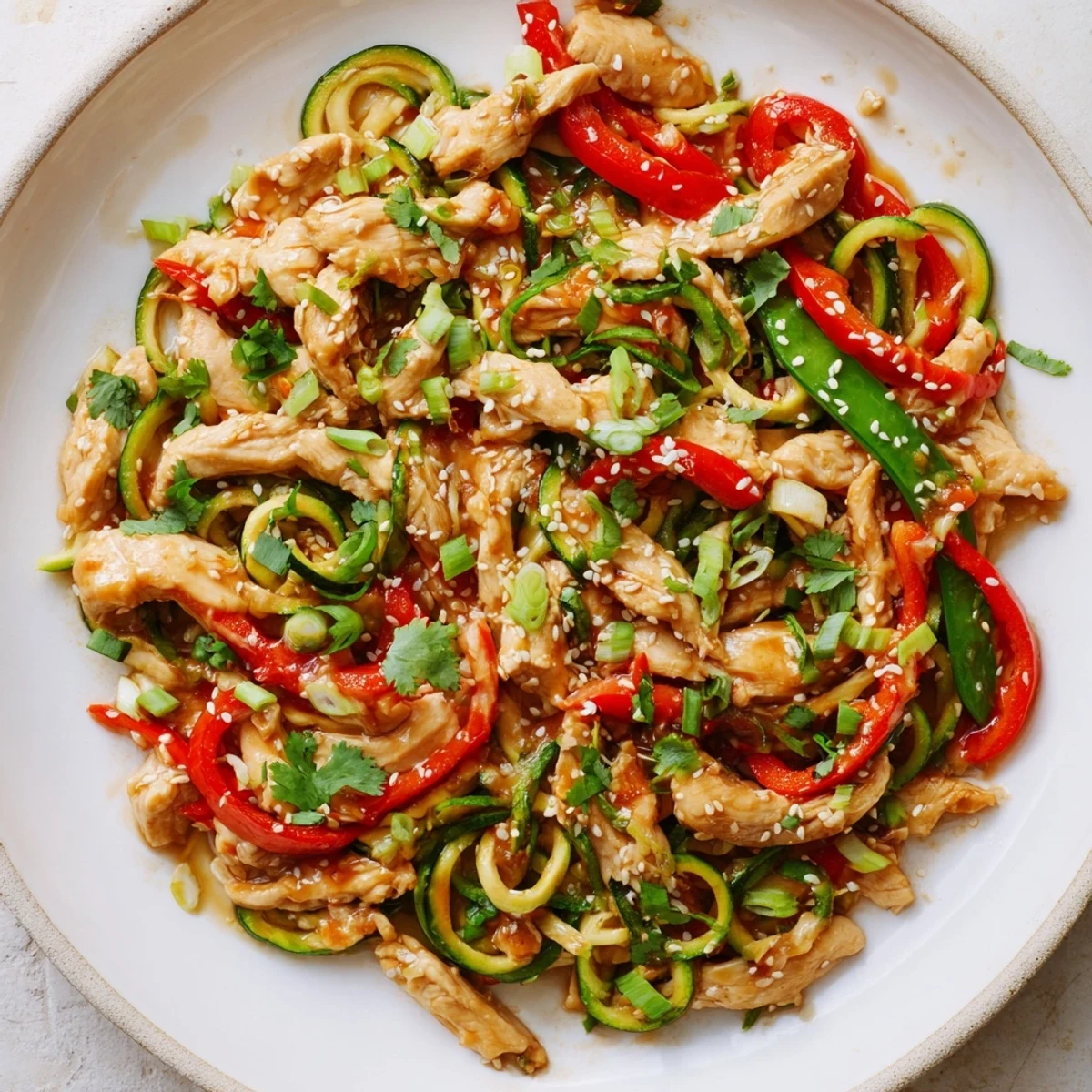 A close-up of Garlic Chicken Zucchini Noodles Stir Fry served with sesame seeds and green onions.