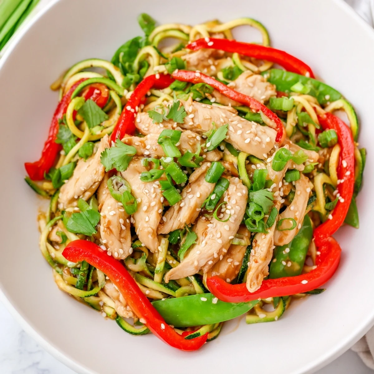 Tender garlic chicken and crisp zucchini noodles in a savory sauce for a healthy weeknight meal.