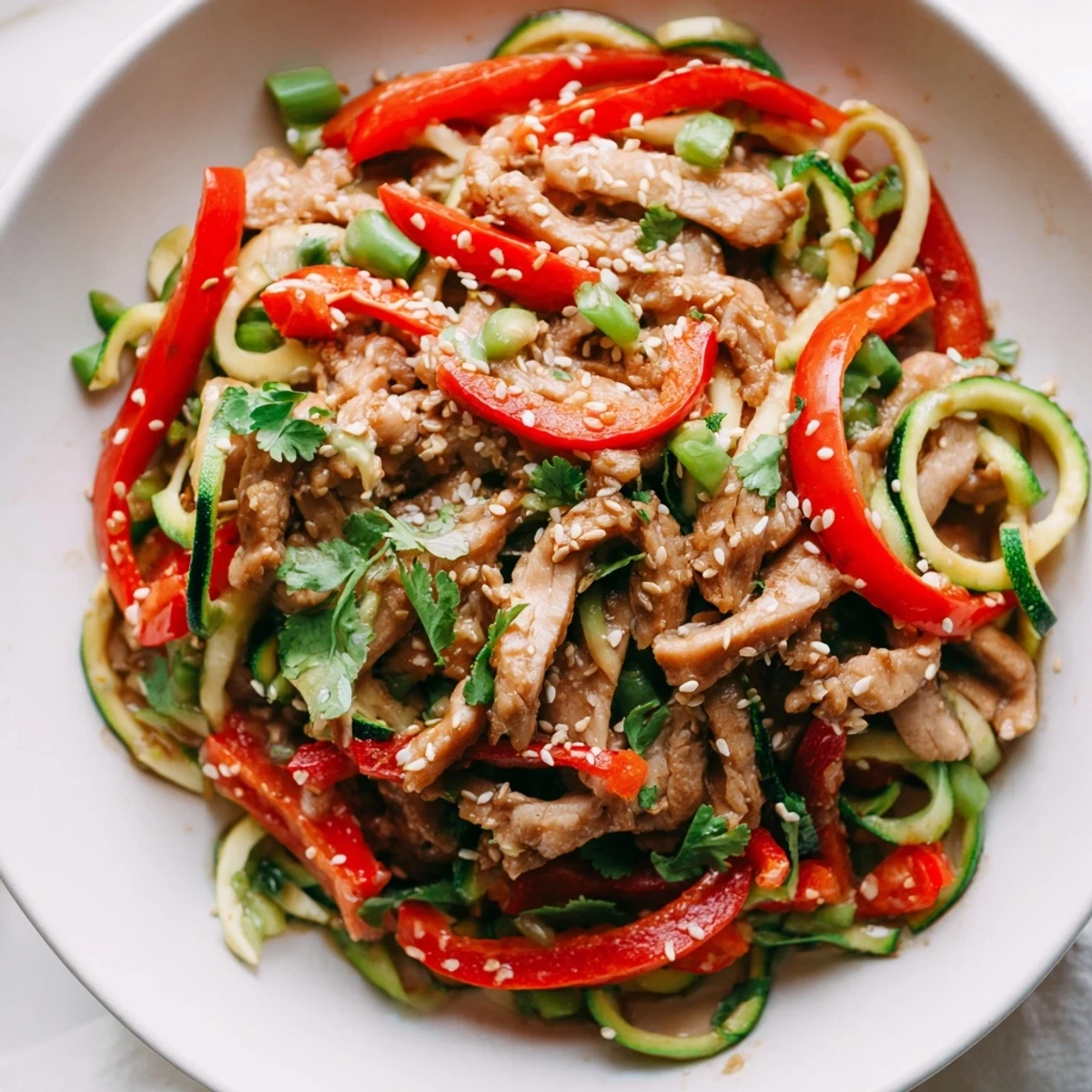 Wok-seared chicken and spiralized zucchini tossed in garlic sauce for a low-carb dinner.
