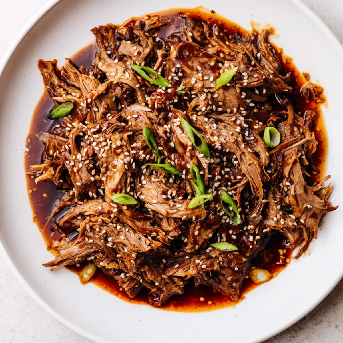 Tender shredded beef from this slow cooker Korean beef recipe, served in crisp lettuce wraps.
